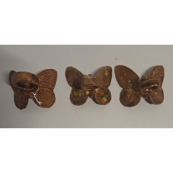 3 Vintage Brown Butterfly Ceramic Macrame Beads 70s w Orange Green Yellow Lot - Picture 3 of 8